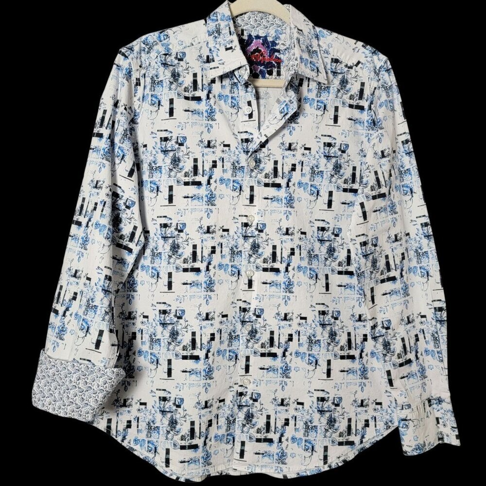 Robert Graham Mens Blue Floral Geometric Long Sleeve Button Up Shirt Medium